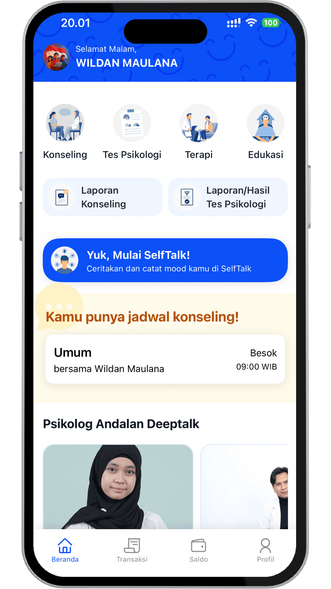 Screenshot aplikasi DeepTalk pada tampilan mobile phone